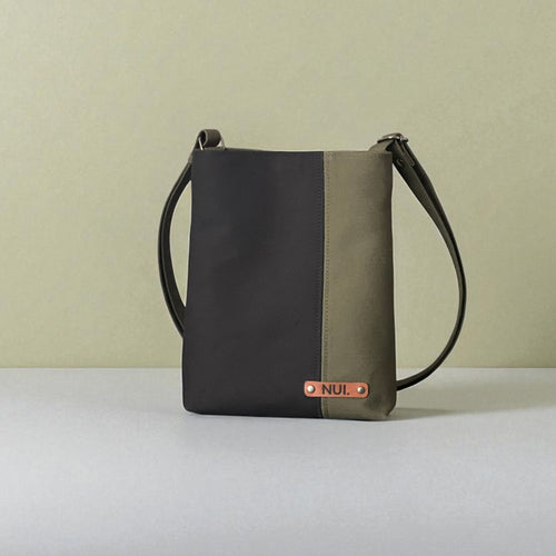 Dark olive and black two-tone crossbody bag with adjustable strap, handmade by NUIdesign in Melbourne.