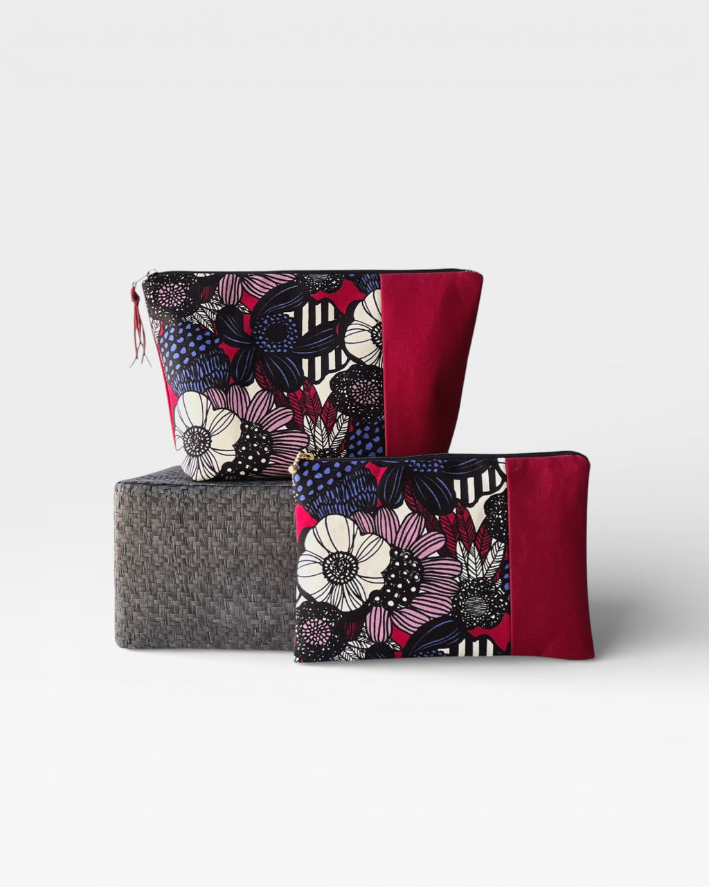 Deep Red Floral Zipper Pouch
