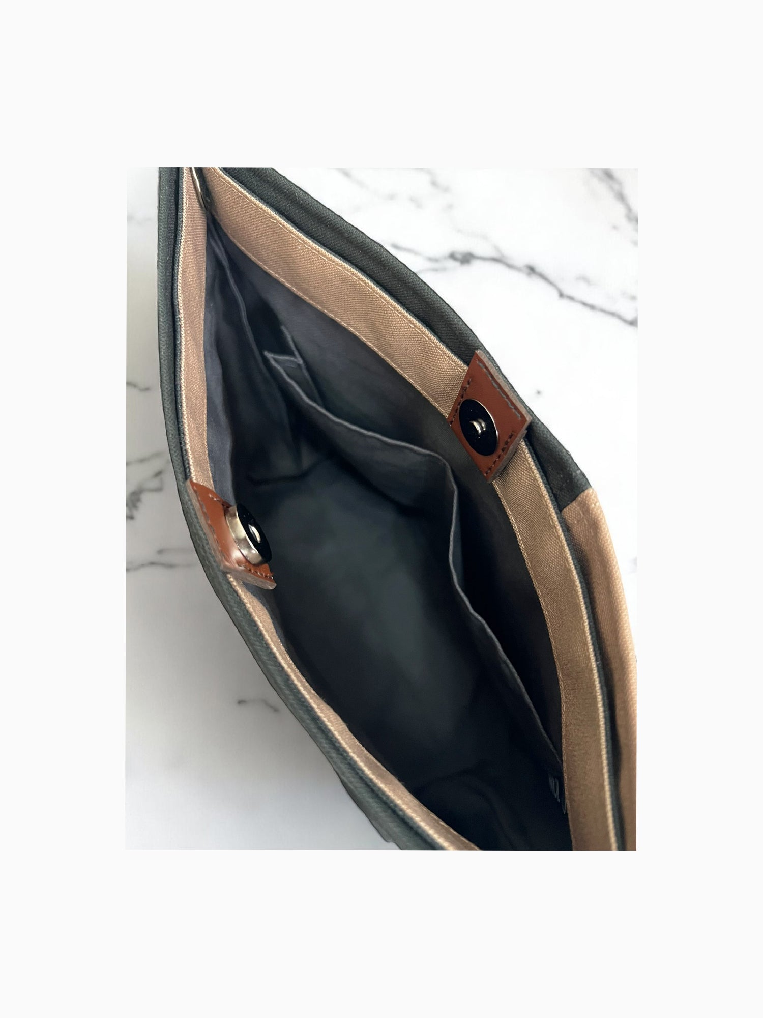 Interior of the NUIdesign Black and Wild Mushroom tote bag, featuring pocket compartment and magnetic snap, handmade in Melbourne from Japanese cotton canvas.