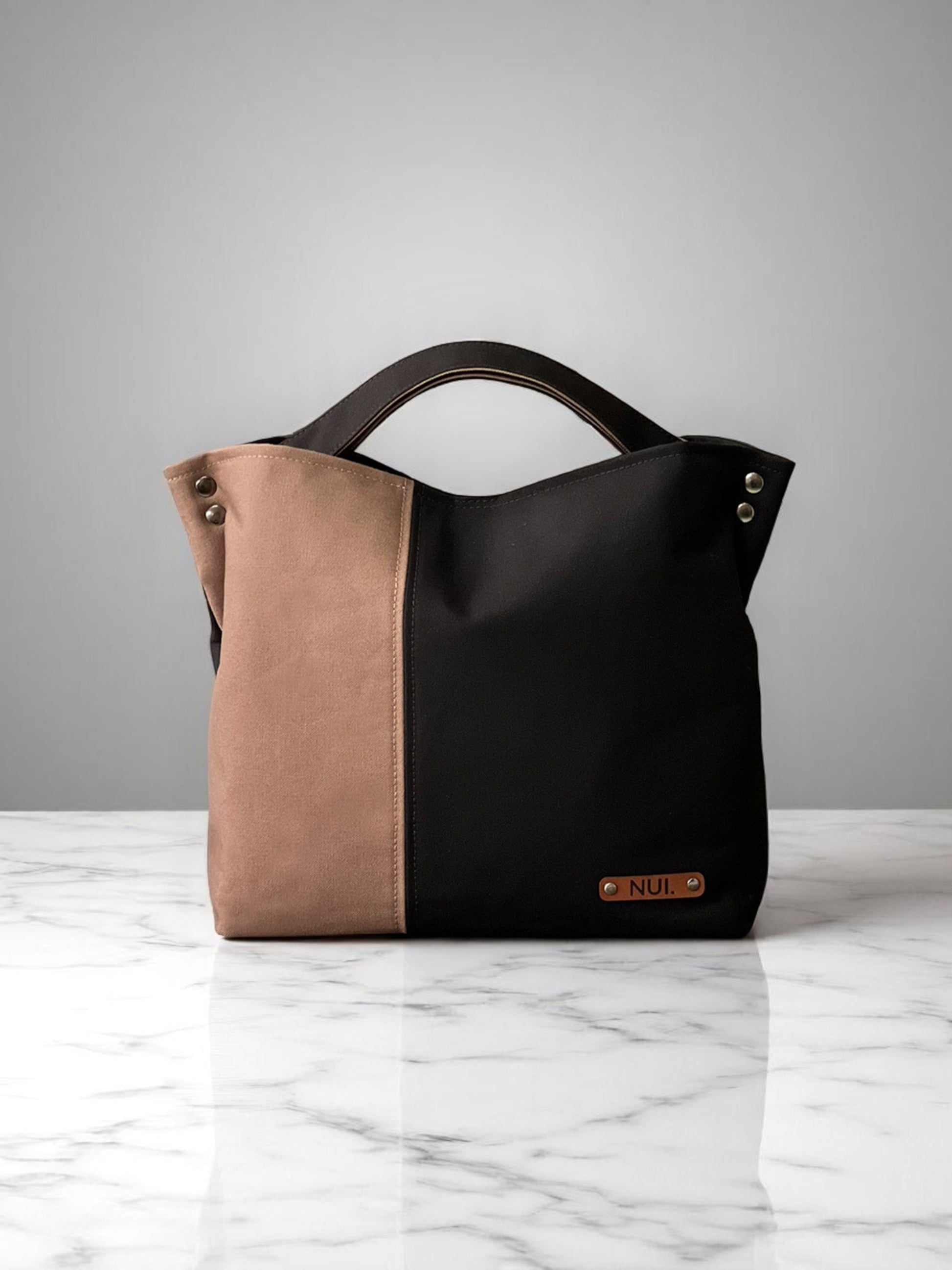 Black and Wild Mushroom two-tone mini tote bag by NUIdesign, handmade in Melbourne from Japanese cotton canvas.