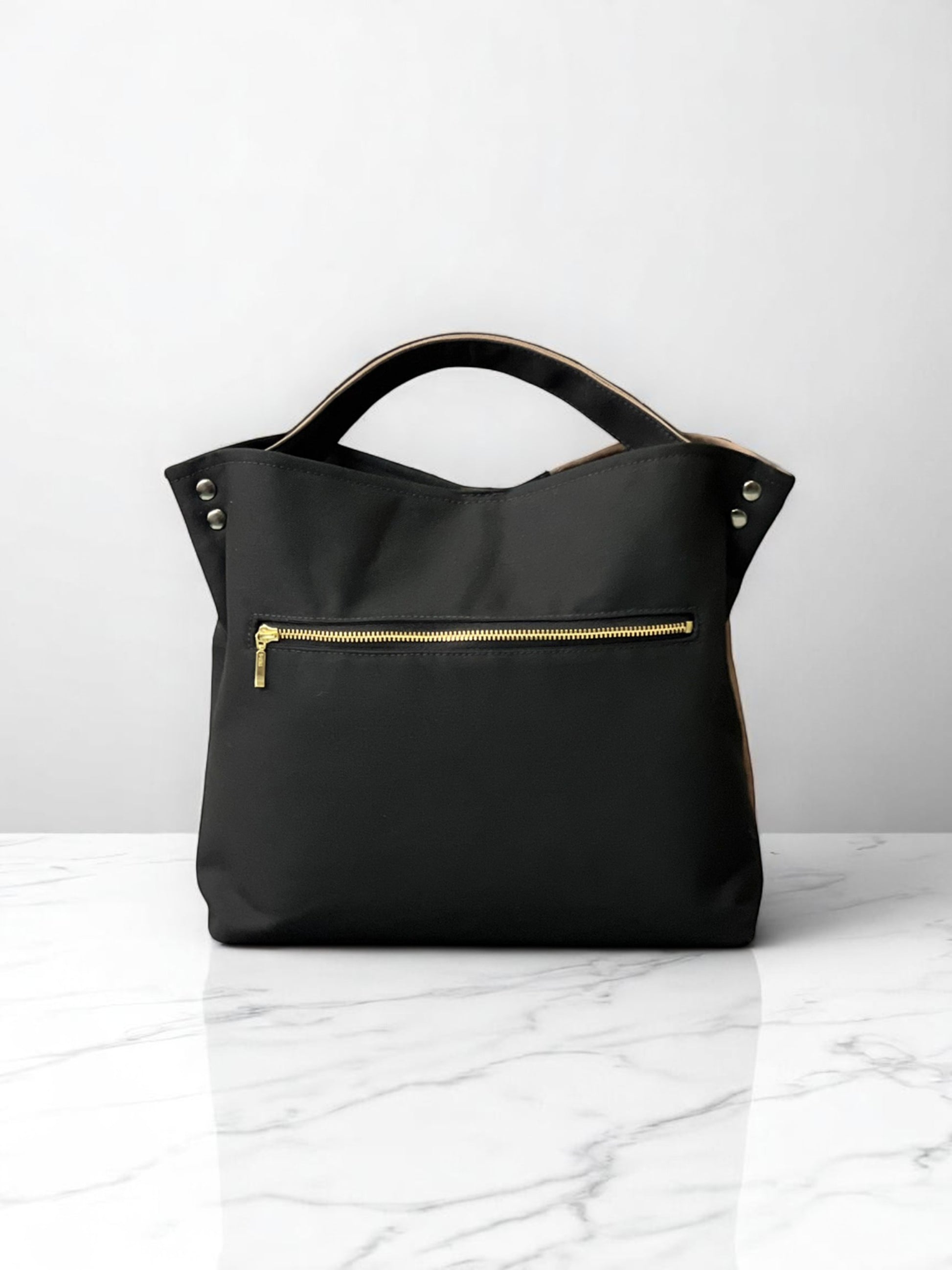 Back view of the NUIdesign Black and Wild Mushroom two-tone tote bag, handmade in Melbourne from Japanese cotton canvas.