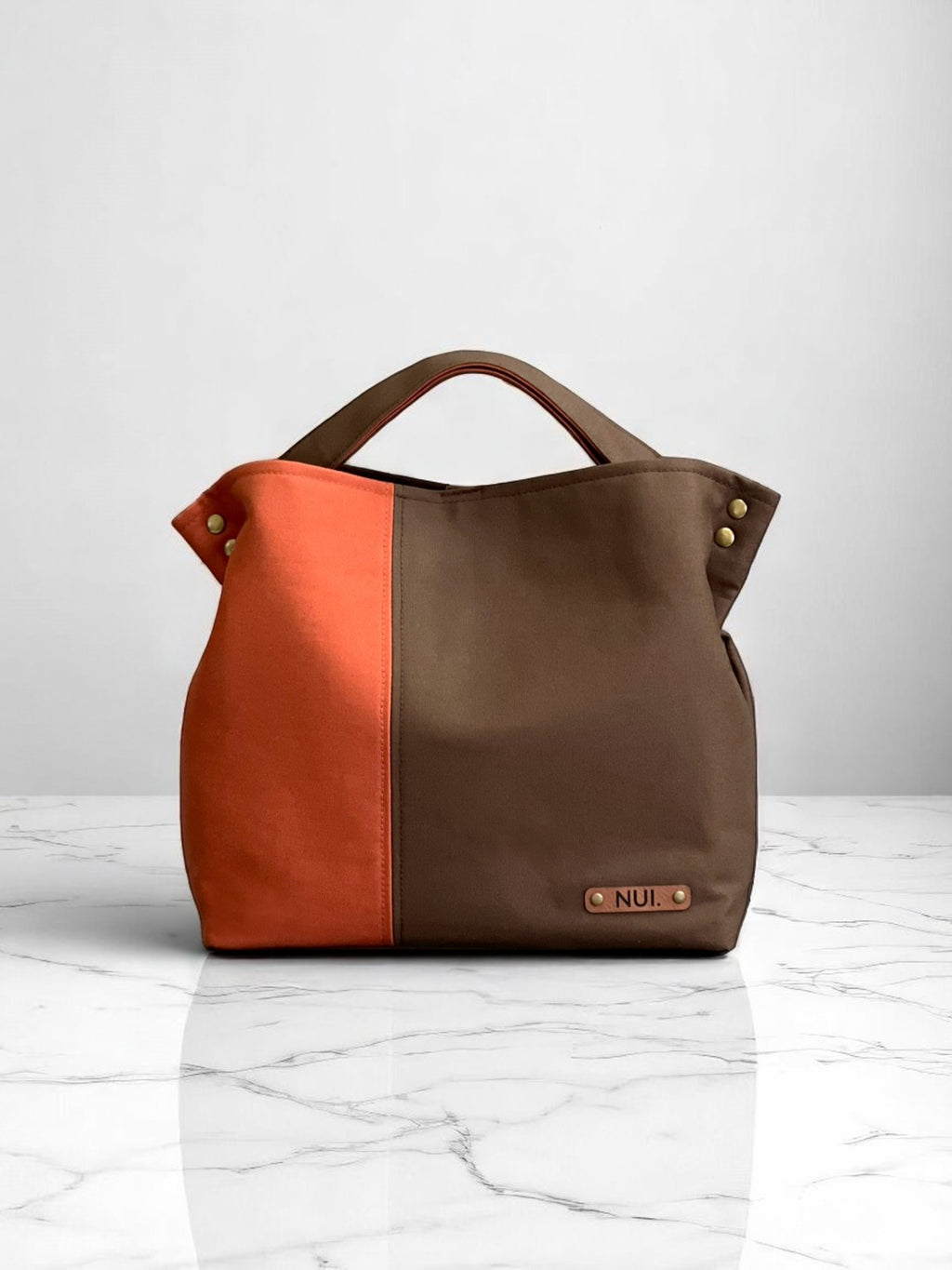 Brown and Terracotta two-tone mini tote bag by NUIdesign, handmade in Melbourne from Japanese cotton canvas.