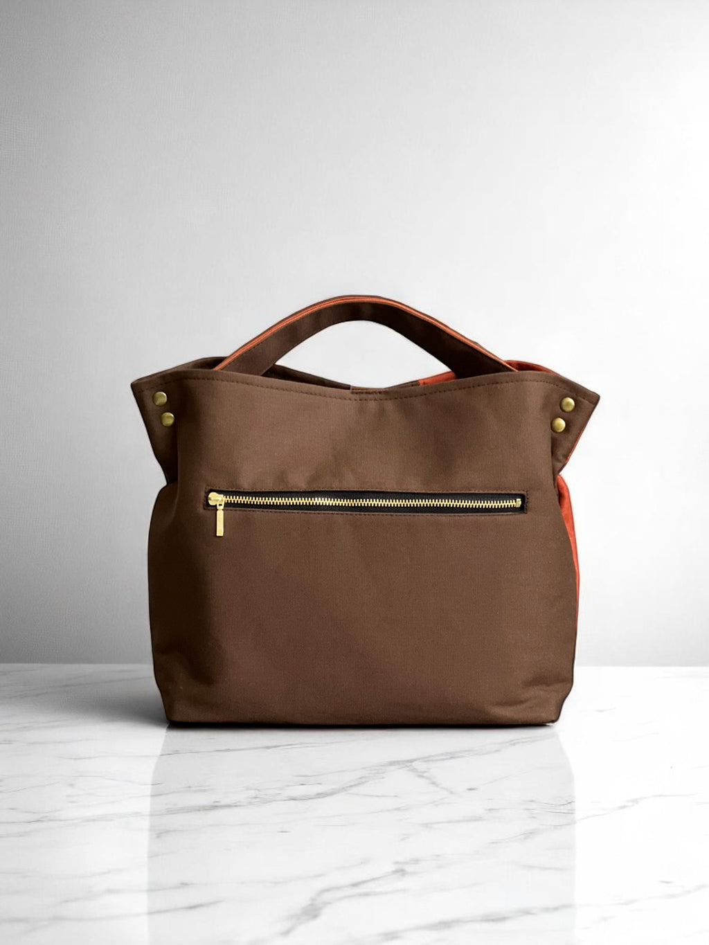 Back view of the NUIdesign Brown and Terracotta two-tone tote bag, slow-crafted in small batches in Melbourne.